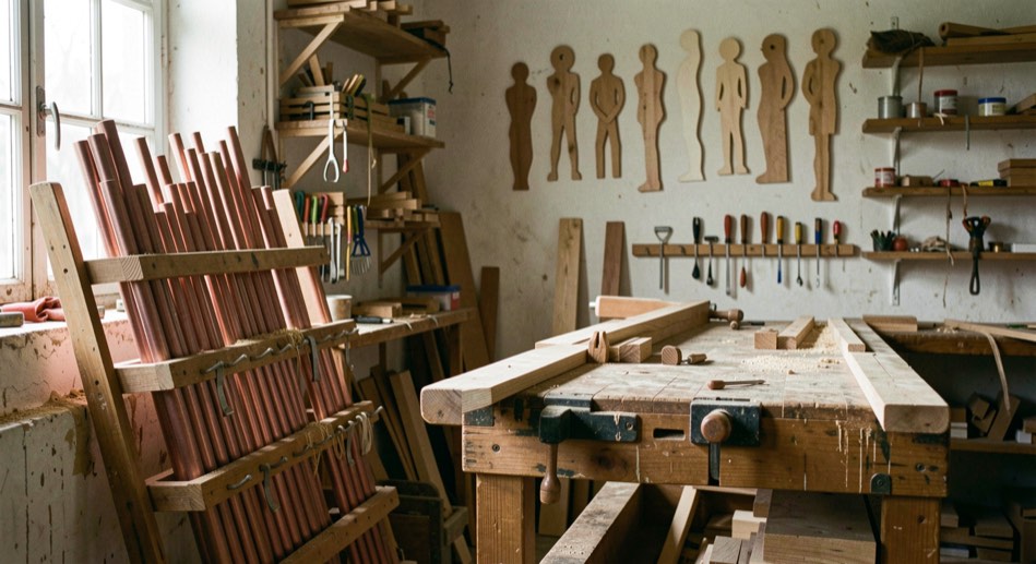 Immagine illustrativa: laboratorio di organaro con canne di stagno appoggiate a una rastrelliera, banco da falegname e sagome di legno appese al muro
