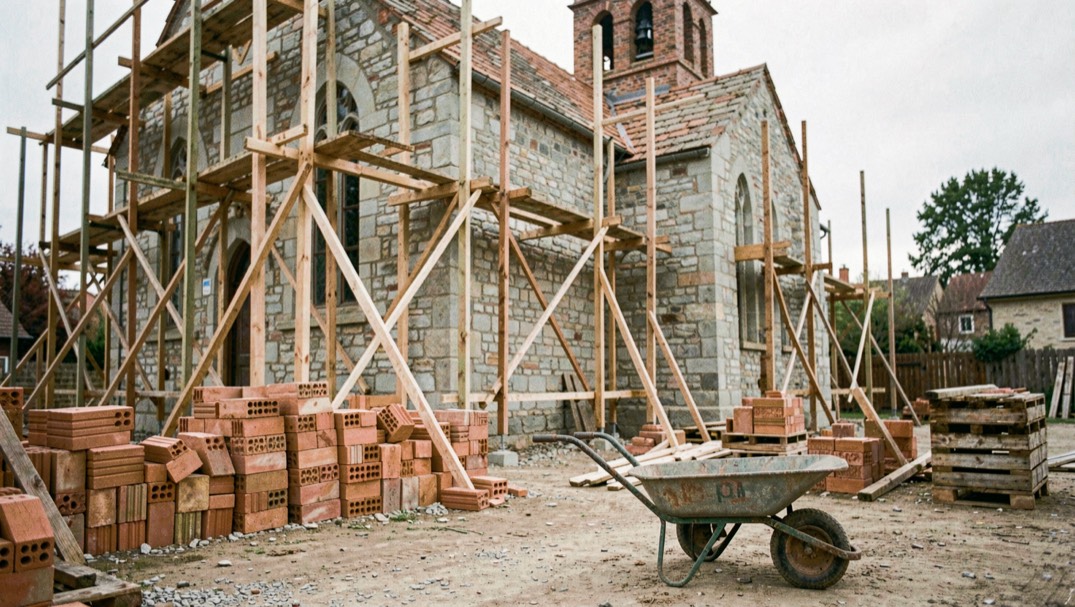 Immagine illustrativa: muratura di chiesa incompiuta con impalcature di legno, mattoni accatastati e una carriola ferma nel cantiere all’aperto