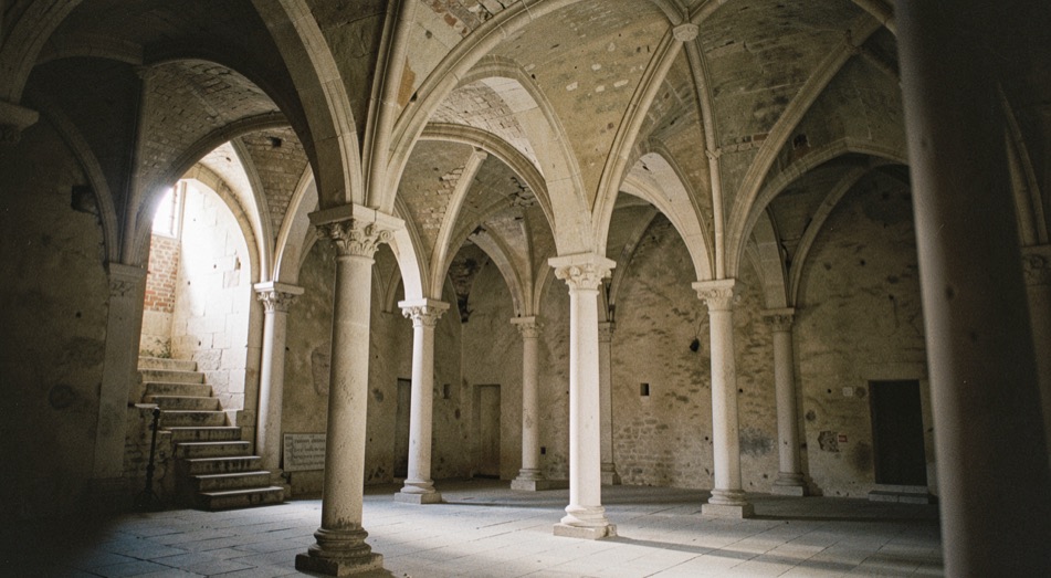 Immagine illustrativa: cripta voltata a archi ribassati sostenuti da esili colonne di pietra chiara, luce bassa che scende da una scala laterale