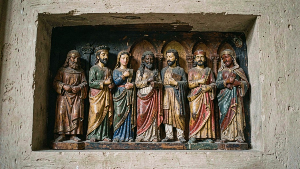 Immagine illustrativa: gruppo scultoreo in legno policromo entro una nicchia poco profonda, panneggi intagliati e patina scura, illuminazione radente