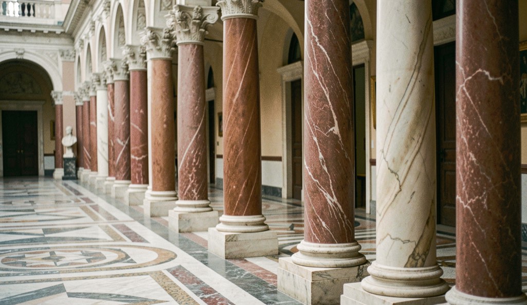 Immagine illustrativa: navata laterale con colonne monolitiche in marmo rosso venato, base quadrata e capitello scolpito, pavimento a intarsio marmoreo