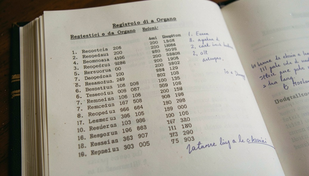 Immagine illustrativa: pagina dattiloscritta con l’elenco numerato dei registri di un organo, colonne di cifre allineate e annotazioni a matita nei margini