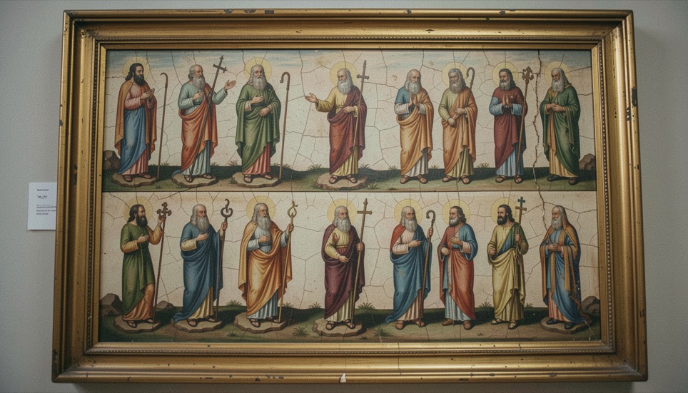 Immagine illustrativa: tavola dipinta a tempera con figure di santi disposte su tre registri sovrapposti, cornice lignea dorata e superficie craquelée