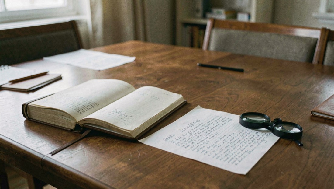 Immagine illustrativa: tavolo di sala di consultazione, un registro rilegato aperto accanto a una scheda dattiloscritta e a una lente da lettura