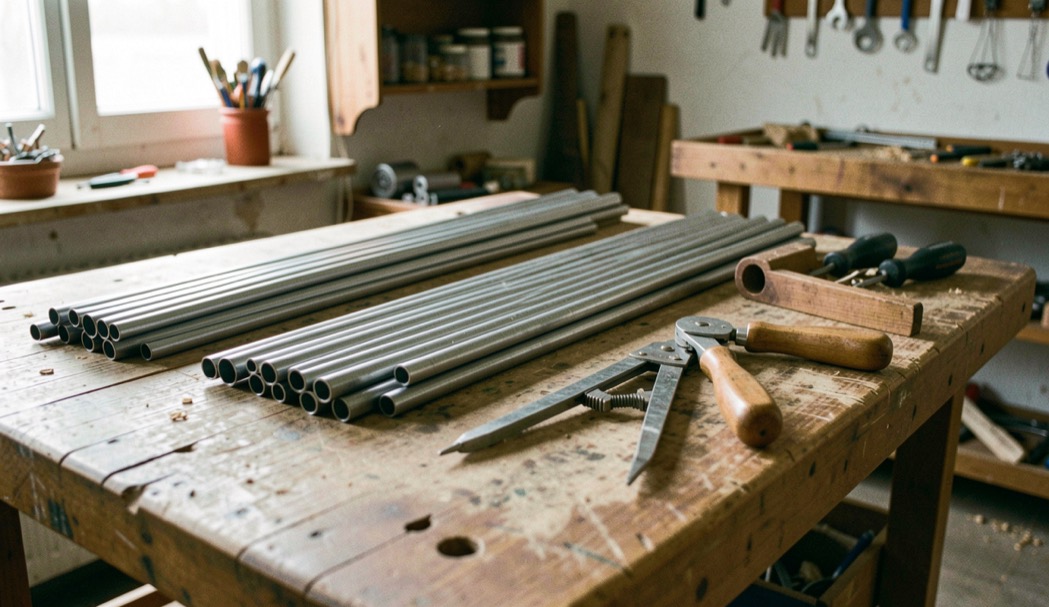 Immagine illustrativa: banco da lavoro di una bottega organaria, canne di stagno in preparazione, pialla e compasso posati sul piano di legno