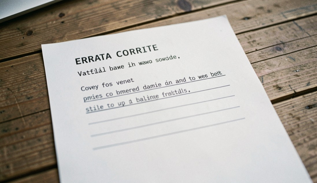 Immagine illustrativa: foglio di errata corrige dattiloscritto posato su un piano di legno, alcune righe sottolineate a matita