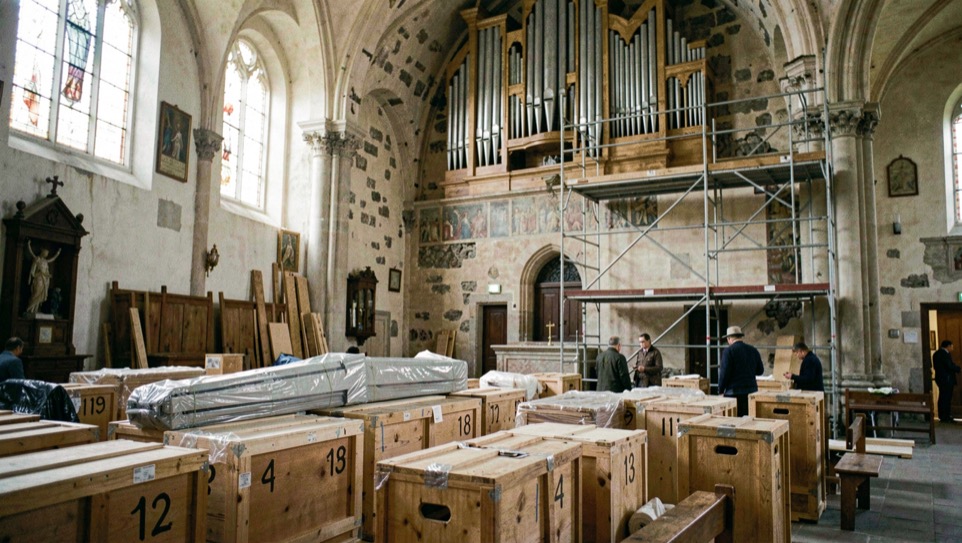 Immagine illustrativa: casse di legno numerate e canne d’organo imballate in un interno di chiesa, ponteggio leggero addossato a una parete d’abside